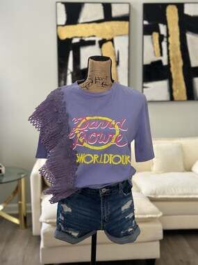 Vintage David Bowie 1978 World Tour Purple Tee with Floral Ruffle Accent